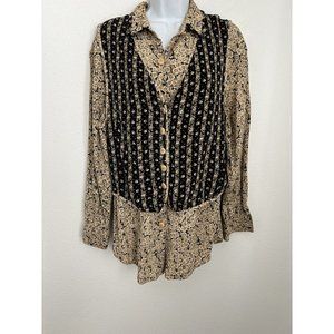 Vintage Karen Kane Women's Button Down Blouse & Vest Black Tan M Cottage…
